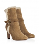 Stay warm and stylish in these chic suede boots from LAutre Chose - Round toe, crisscross ankle strap with buckle, faux shearling lining, chunky heel, side zip closure - Wear with skinny jeans and an oversized pullover or a knit mini-dress and ribbed tights