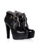 Inject urban glamour into your luxe footwear wardrobe with Sergio Rossis edgy fur trimmed booties, detailed with a chunky platform lug sole for that cool moto feel - Soft almond toe, buckled front strap platform, blocky heel, thick lugged rubber sole - Team with edgy coated leggings and cropped outerwear, or try with classic coats and soft cashmere dresses