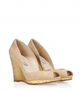 Kick-start your warm weather look with Kors Michael Kors low-cut suede wedges, the perfectly glamorous choice for polishing workweek looks - Peep-toe, low-cut sides, gold-toned textural wedge - Wear with a wrap dress and sleek leather carryall tote