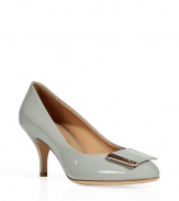 Luxe pumps in fine, supple pale grey patent leather - A ladylike classic that exudes modern chic - Decorative, gold-accented geometric embellishment  at round toe - Sturdy, 2.75 heel - Leather upper, lining and sole - Made in Italy - Polished to perfection, ideal for day or evening - Pair with pencil skirts, wide-leg trousers or cocktail dresses