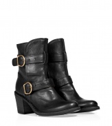 Add instant trend-right edge to your casual ensembles with these luxe leather boots from celeb favorite shoe line Fiorentini & Baker - Slightly upturned rounded toe, chunky mid-heel, dual ankle straps - Runs large, so order a size down - Wear with denim cut offs, a floral mini-dress, or skinny jeans and an oversized top