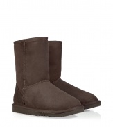 A true original and casually stylish go-to from Ugg, the classic chocolate short boot is a perennial must - Crafted from twin-faced sheepskin and featuring exposed seams, reinforced heel, traction outsole and signature Ugg label - Fleece-lined for superior warmth and comfort - Shorter, mid-calf height ideal for wearing under or over pants - Truly versatile, perfect for pairing with everything from skinny jeans to yoga pants to miniskirts