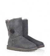 A stylish twist on a venerable classic, the UGG Australia grey Bailey Button boot is a welcome addition to your cold weather casual wardrobe - Crafted from twin-faced sheepskin and featuring exposed seams, reinforced heel, traction outsole and signature Ugg label - Wooden button and elastic band closure - Fleece-lined for superior warmth and comfort - Traditional mid-calf height - Truly versatile, perfect for pairing with everything from skinny jeans to yoga pants to miniskirts