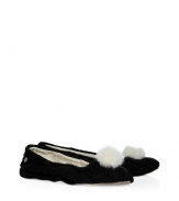 Finish your laid-back look in comfort and style in these ultra-cozy shearling lined ballerinas from UGG Australia - Cable knit upper, wispy pom-pom, shearling lining - Pair with lounge pants and favorite cashmere pullovers