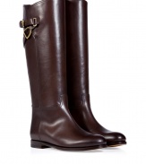 Rich boots of dark brown calf leather inspired by a classic equestrian look - Features a narrow shape with a rounded toe, high shank, small block heel and shiny burnish finish - Gold-colored decorative buckles - Ideal for knit dresses, mini skirts and skinny jeans