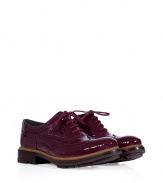 Borrowed-from-the-boys styling get a liquidy luxe remake in Jil Sanders soft bordeaux patent leather brogues, detailed with a thick lug sole for that edgy urban feel - Rounded toe, tonal rounded cotton laces, cream stitched natural leather welt, chocolate stacked leather heel, tonal rubber lug sole - Perfect for giving modern-minimalist looks a rich color infusion