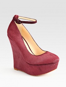 Pony hair pump with suede trim, modernized by an adjustable, contrasting ankle strap. Self-covered wedge, 5 (125mm)Covered platform, 1½ (40mm)Compares to a 3½ heel (90mm)Pony hair and suede upperLeather lining and solePadded insoleImported