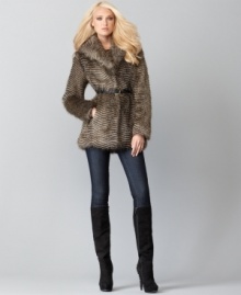 Add a little rock and roll to your look with this faux fur coat from Buffalo Jeans! A belted waist balances the fluffy fabric and oversized shawl collar - pair it with skinny jeans for instant edge.