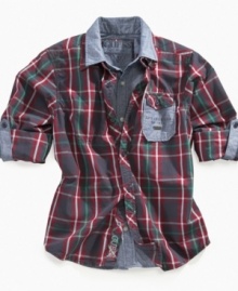 He gets double credit for a back-to-school shirt from GUESS that puts plaid over chambray for a faux layered look.