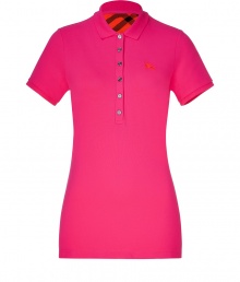 Luxe polo in fine, bright pink cotton stretch blend - Traditional button down style with short, fitted sleeves and small collar - Contrast embroidered  logo at chest - New, lengthier cut is slim and hits below the hips - Chic, Burberry check motif lining at nape of the neck - A dream basic as versatile as it is stylish - Pair with a blazer and leather pencil skirt or layer beneath a cardigan and wear with skinny jeans