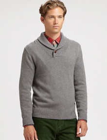 A soft shawl collar and wooden button detail defines this warm, pullover sweater, knitted from a smooth cotton blend.Shawl collarRibbed knit collar, cuffs and hem60% cotton/30% polyamide/10% woolDry cleanImported