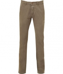 Raise the bar on modern musts with Closeds casually cool olive chinos - In a soft yet durable pure cotton - On trend slim cut, with a medium low rise - Zip fly, belt loops and button closure - Slash pockets at sides, welt pockets at rear - Easily dressed up or down, ideal for pairing with denim shirts, button downs, tees and pullovers