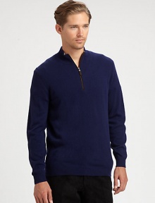 EXCLUSIVELY OURS. An incredibly soft pullover with everyday style shaped in fine cashmere with suede piping.Half-zip frontMock neck collarRibbed collar, cuffs and hemCashmereDry cleanImported