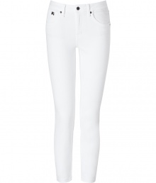 With a flattering fit and bright white stretch denim, Burberry Brits skinny jeans lend a crisp modern polish to every look - Classic five-pocket style with logo charm at hip, button closure, belt loops - Form-fitting - Wear with a brightly hued top and flats