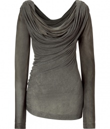 Luxurious top in fine silver-grey rayon - Wonderfully soft and flattering with a slight luster - Slim, feminine cut with glamorous draped waterfall neckline - Cut nice and long - A dream top for classy parties and events - With leather pants, a mini skirt, evening trousers