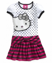 Hello Kitty makes her smile with the pretty mix of patterns on this sparkly graphic-print dress.