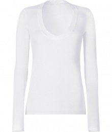 Stylish long sleeve t-shirt in white cotton - Super-soft, machine washable material - Flattering low V-neck with decorative trim - Relaxed slim cut with extra-long sleeves - Hits at hip - A genius basic ideal for layering beneath blazers and cardigans - Pair with denim or leather slim pants and style with scarves or colorful multi-strand necklaces