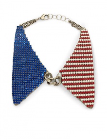 THE LOOKCollar silhouetteAmerican flag designSwarovski crystal accentsBrass settingLobster claspTHE MEASUREMENTPendant width, about 3.5Pendant length, about 9.5Length, about 15ORIGINMade in USA