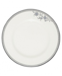 Pick the Hayden salad plate for pale blue florals and a lacy platinum border. From Noritake dinnerware, the dishes of this set have matching platinum bands which add a traditional touch to glazed white for porcelain that shines in any setting.