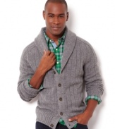 Classically styled. Wrap yourself in this wool shawl collar cardigan sweater by Nautica.