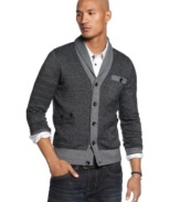 With a handsome shawl collar and stylish contrast color details, this Marc Ecko Cut & Sew sweater gives grandpa's cardigan a modern makeover.