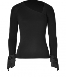 Both contemporary and incredibly chic, Donna Karans satin cuffed top lends an understated edge of dark glamour to your look - Wrapped elasticized asymmetrical neckline, wrapped satin cuffs - Form-fitting - Team with jet black knits and luxe streamlined accessories