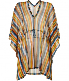 Make a glamorous poolside debut it Missonis radiant rainbow striped kaftan - V-neckline in front and back, draped 3/4 length sleeves, drawstring waistline, petrol stitched trim - Softly fitted with an adjustable drawstring waistline - Pair with a bikini, studded sandals and an oversized statement tote