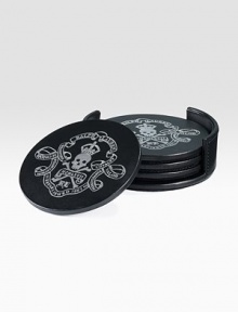 A striking set featuring a skull-and-crossbones motif, embossed in shimmering silver leaf and elegantly packaged in a sleek black leather case.Leather and silver leaf4½ diam.Imported