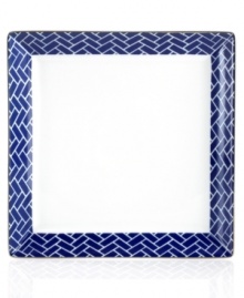 An indigo pattern in white porcelain makes the Trellis square accent plate a stylish companion to Grand Buffet Platinum dinnerware, also by Charter Club. A banded edge adds a classic touch.