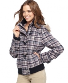 Ward off the cold in this wool jacket from Hot Kiss that features classically cool toggles and an awesome plaid print!