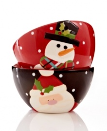 Irresistibly cute and cartoonish, Santa and snowman all-purpose bowls set the tone for a holly, jolly Christmas. With a raised, sculpted texture and snow-filled sky.