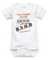 A short sleeve romper with baby bottles and Party tonight in my crib - BYOB printed on front.