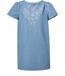 Stylish tunic dress made ​.​.of fine, light blue linen-cotton blend - The rounded neckline features white embroidery - Traditional loose and straight tunic-cut - Slightly puffed short sleeves, pockets and sexy mini-length - Casual, yet chic - Perfect for the day (with flat sandals) and evening (with plateau-Peep Toes)