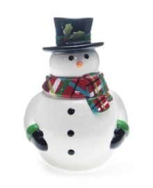 Bundled up in a thick scarf, mittens and a top hat, Certified International snowman cookie jar will keep holiday baked goods fresh like they were just taken out of the oven.