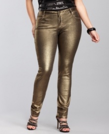 Metallic-coated denim -- what could be more perfect for holiday parties and seasonal soirees! INC's plus size jeans feature a tailored, skinny fit in burnished gold.