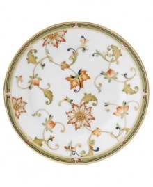 The exotic floral design of the Oberon dinnerware pattern is exquisitely precise, in soft shades of green and gold accented with black, against pure white bone china.