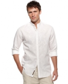 Breezy warm-weather style. This shirt from Cubavera gives your ordinary casual collection the week off.