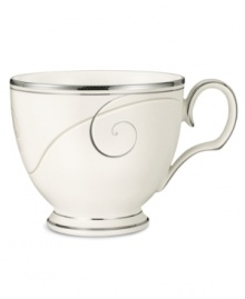 Fluid platinum scrolls glide freely throughout this beautiful fine china cup from Noritake. Easy to match with any decor, the fresh and elegant Platinum Wave collection of dinnerware and dishes is a timeless look for fine dining or luxurious everyday meals.