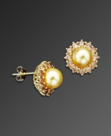 Frame your face with a golden burst of sunshine. These dazzling earrings by CRISLU feature glass champagne-colored pearls (8 mm) surrounded by sparkling cubic zirconias (4-1/5 ct. t.w.) set in gold over sterling silver.