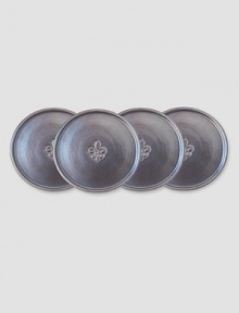 A unique mottling technique and fleur-de-lis detailing lends a hand-thumbed look to a beautiful metallic pewter coasters with the look of an old-world favorite. Arrives in a beautiful gift box Each, 4¼ diam. Dishwasher safe Imported