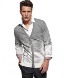 Variegated striping breathes new life into the classic cardigan and upgrades you to a more modern look.