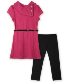 Balance cute and cozy with this soft sweater dress and comfy leggings set from BCX.