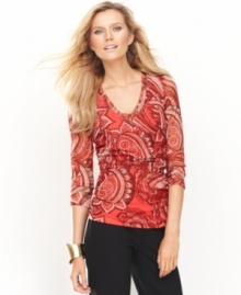 INC's double-mesh top just got an upgrade: flattering ruching and an exotic, intricate print make this V-neck stand out!