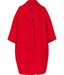 A pristine example of the contemporary Jil Sander look, this radiant fire red wool coat is a statement must-have for modern-minimalist wardrobes - Notched lapel, 3/4 dolman sleeves, dropped shoulders, hidden front snaps, side slit pockets, unlined - Oversized boxy retro silhouette - Team with monochrome separates and jet black accessories