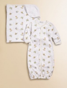 Everyone's most beloved nursery rhyme characters adorn this charming style in an ultra soft cotton knit that converts from a coverall to a baby sack in a snap.V-neckLong sleeves with turn-back cuffsFront snapsBottom snapsElastic hemPima cottonMachine washImported Please note: Number of snaps may vary depending on size ordered. 