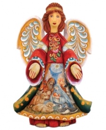 A spiritual nativity scene is hand painted upon the robe of this ornately crafted angel ornament from DeBrekht for a lovely reminder of the true miracle of Christmas.