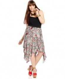 Punch up your style with ING's printed plus size skirt, punctuated by a handkerchief hem.