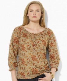 Lauren Ralph Lauren's rustic-inspired floral pattern and smocked details lend bohemian appeal to a soft plus ize cotton top.