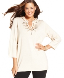 'Tis the season to celebrate in JM Collection's metallic plus size sweater, finished by an embellished neckline.