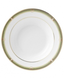 The exotic floral design of the Oberon dinnerware and dishes pattern by Wedgwood features soft shades of green and gold accented with black, against white bone china.